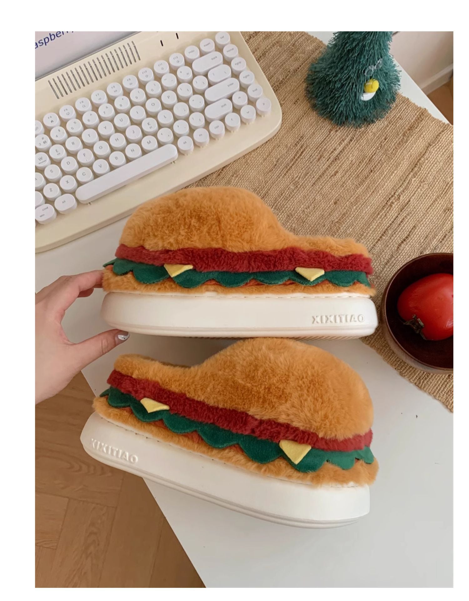 Cute burger all inclusive with fluffy slippers